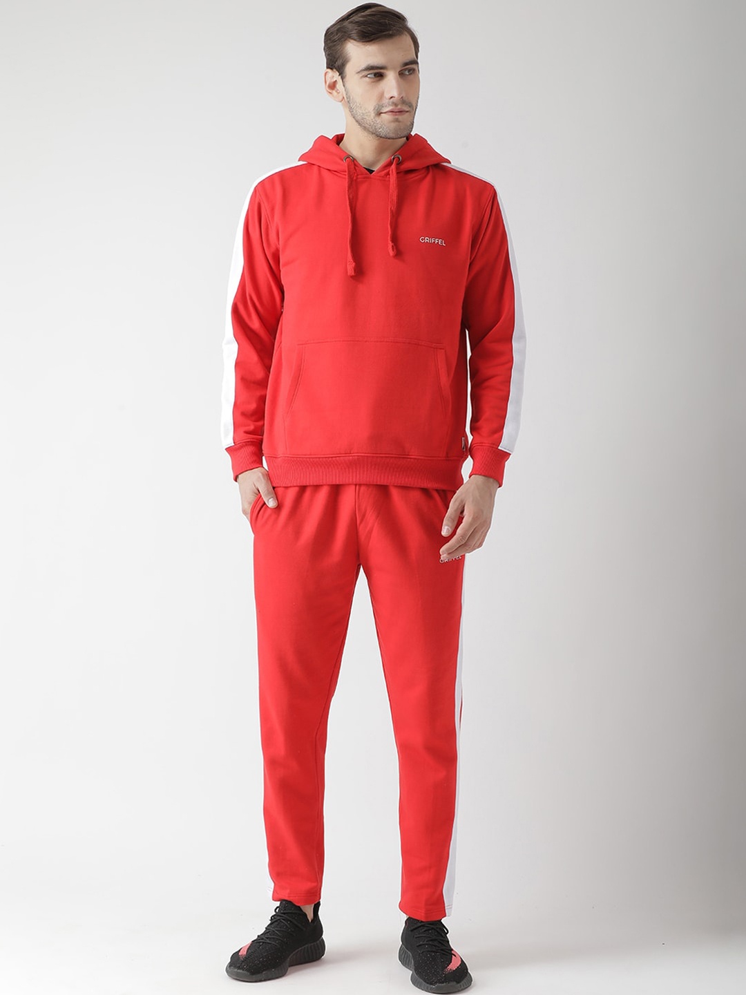 

GRIFFEL Men Red Solid Hooded Cotton Tracksuit