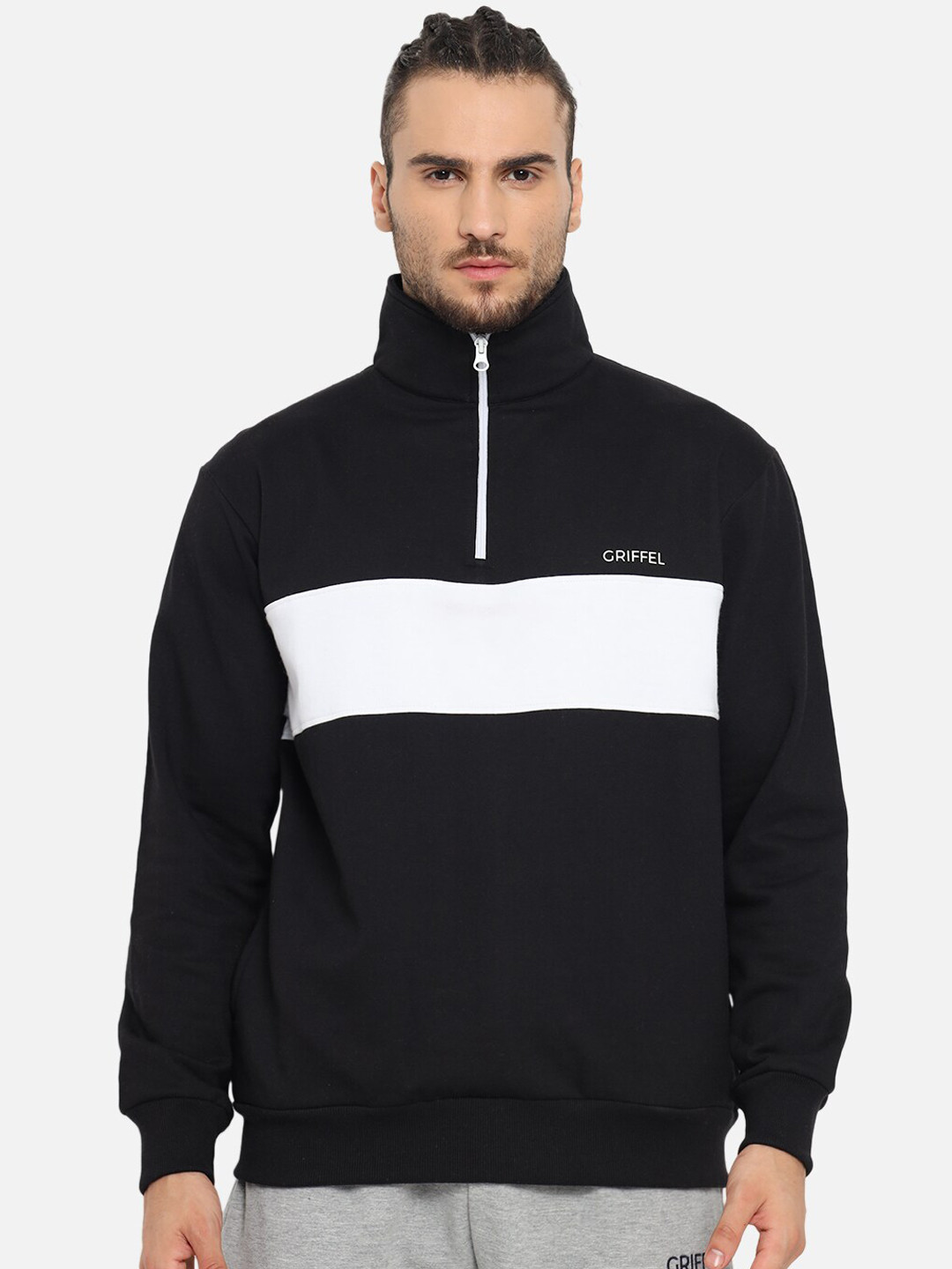 

GRIFFEL Men Black & White Colourblocked Fleece Sweatshirt