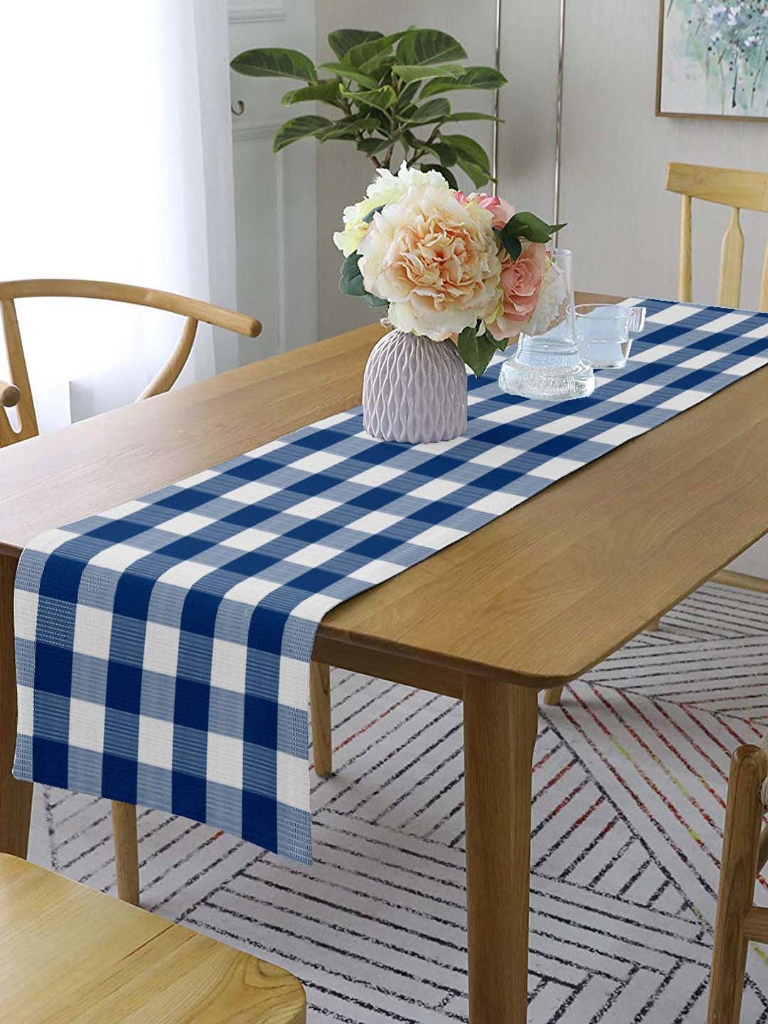 

Lushomes Blue & White Checked Pure Cotton Table Runner