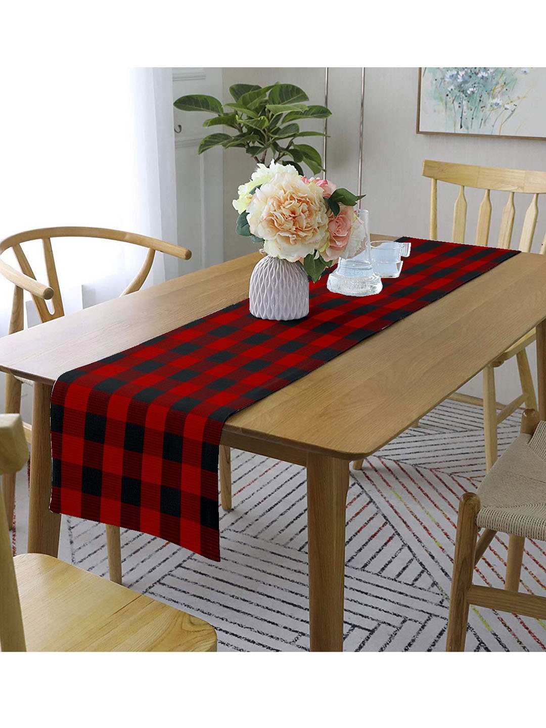 

Lushomes Red & Navy Blue Checked Pure Cotton Table Runner