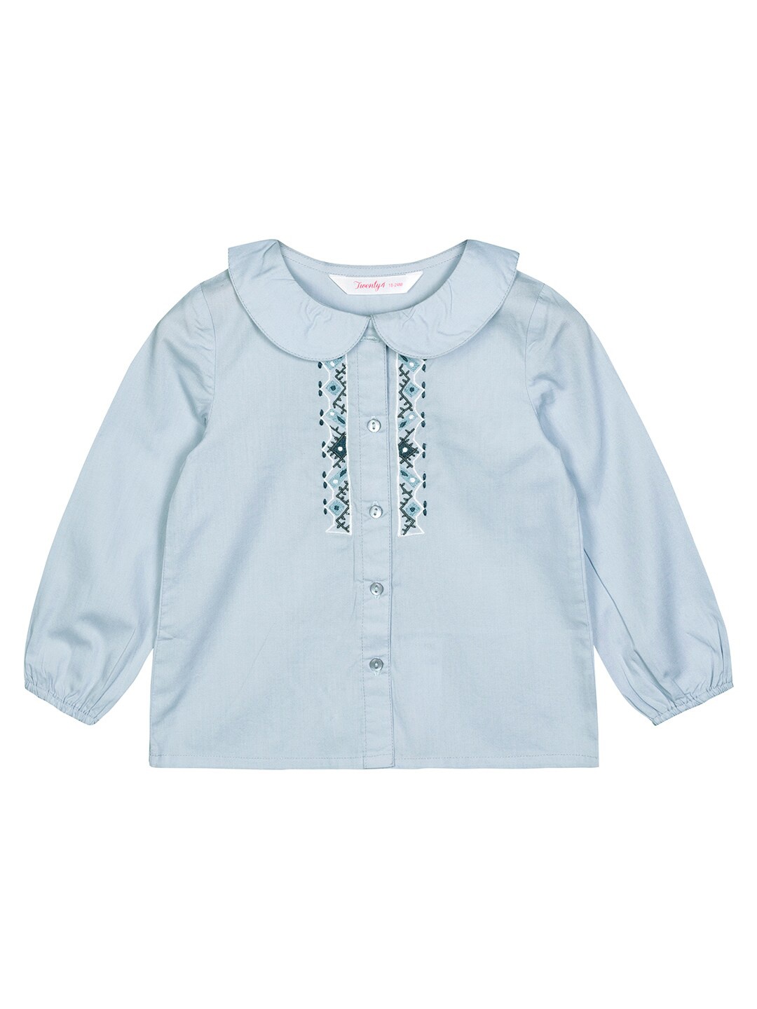 

Budding Bees Blue Embroidered Peter Pan Collar Shirt Style Top