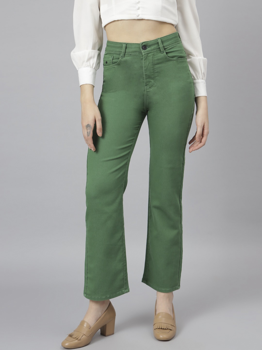 

Code 61 Women Green Wide Leg High-Rise Stretchable Cropped Jeans