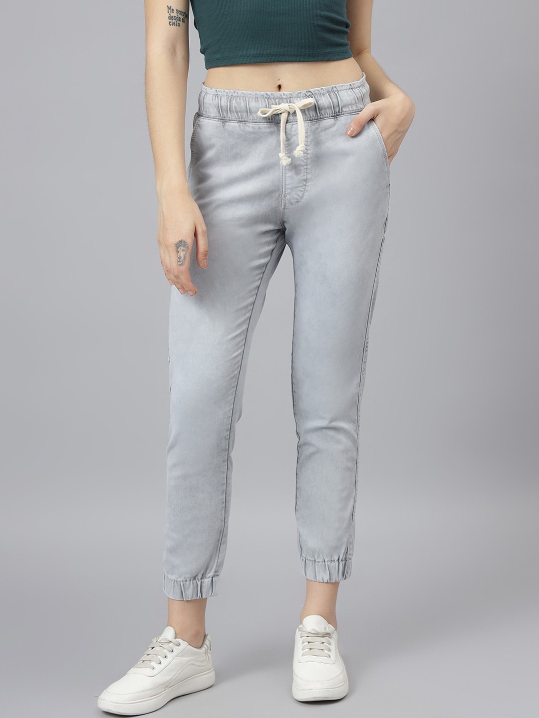 

Code 61 Women Grey Jogger Low Distress Heavy Fade Acid Wash Stretchable Jeans