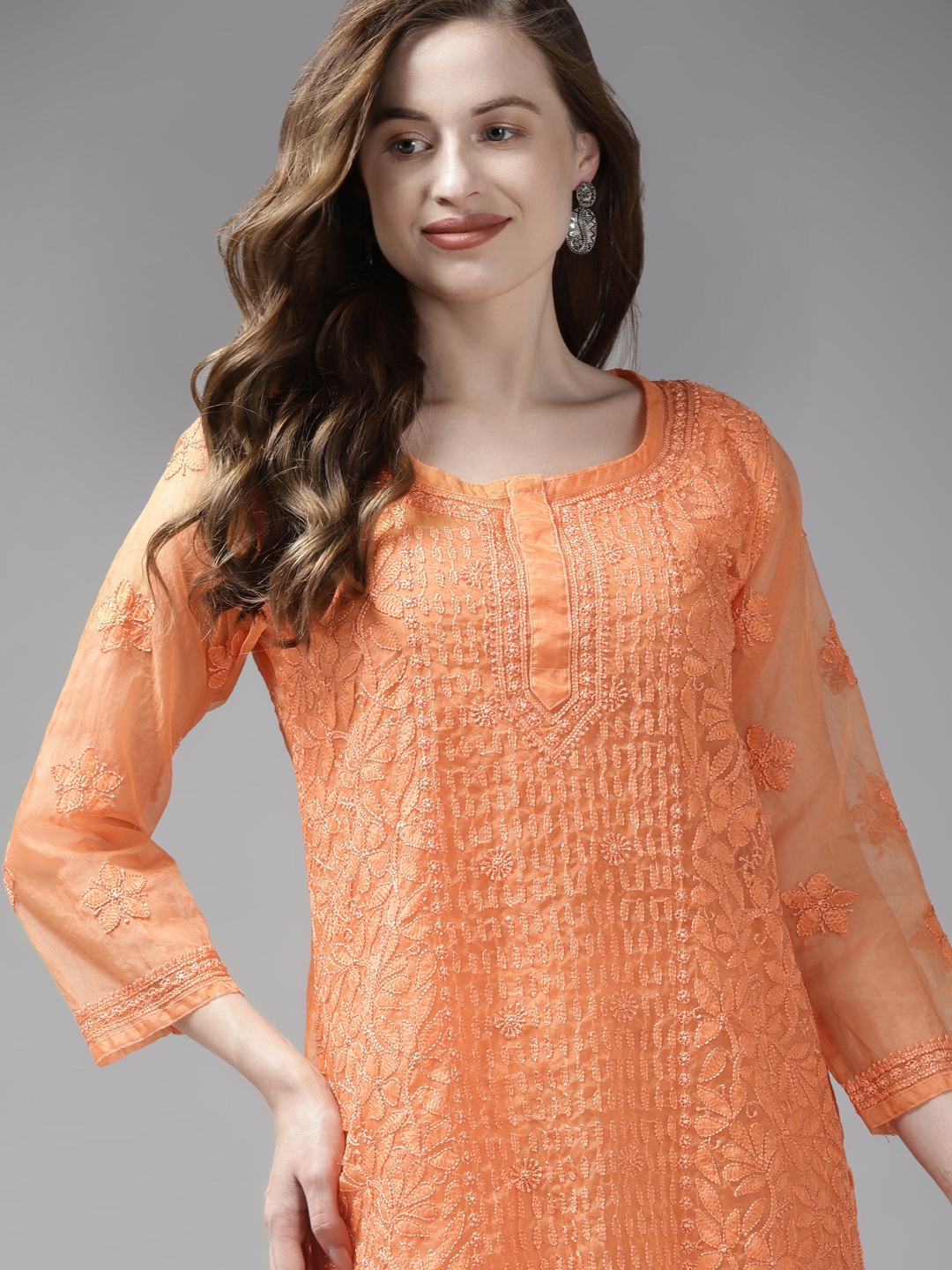 

ADA Orange Ethnic Motifs Embroidered Chikankari Kurti With Matching Slip