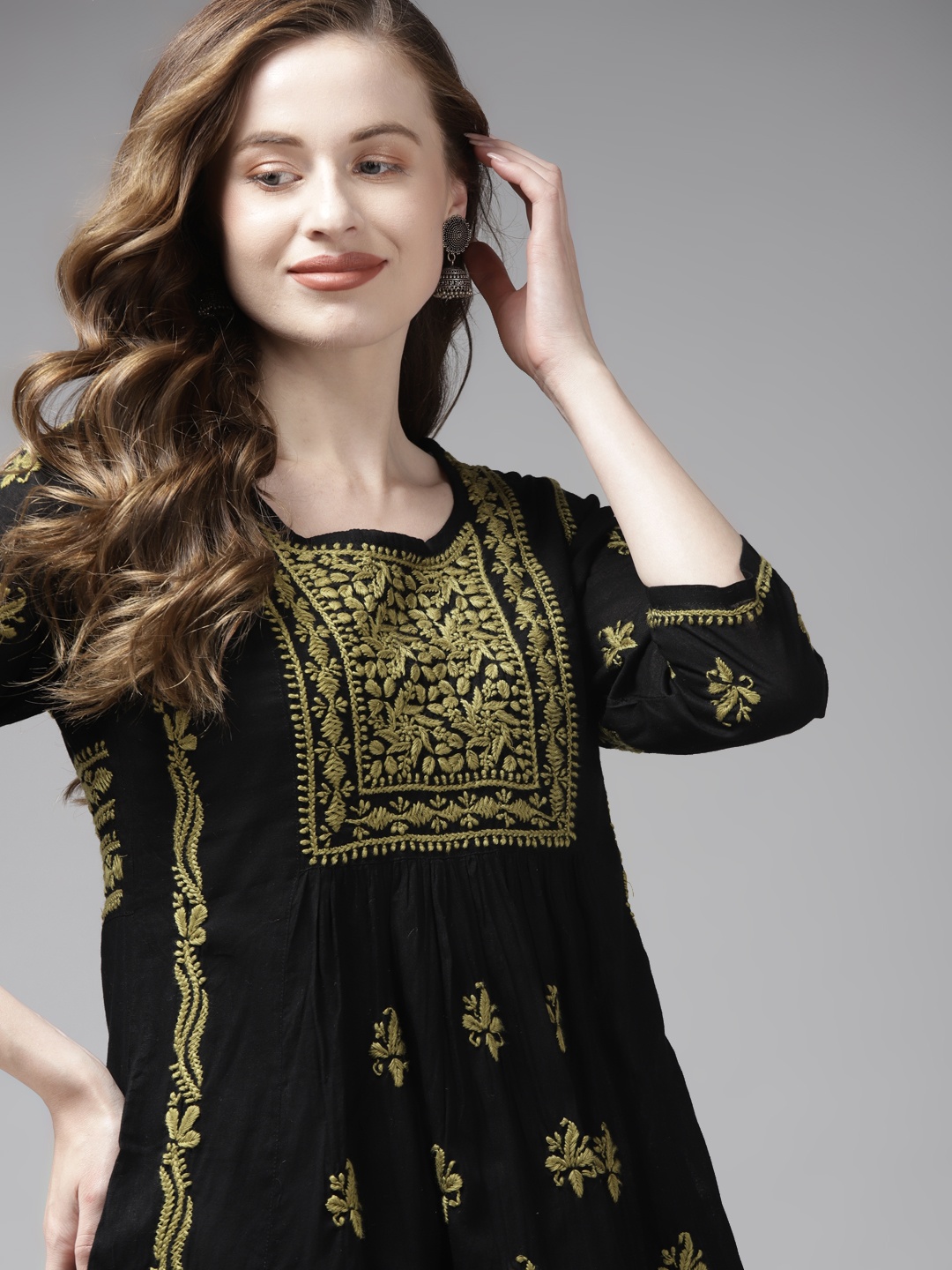 

ADA Black & Green Ethnic Motifs Embroidered Chikankari Kurti