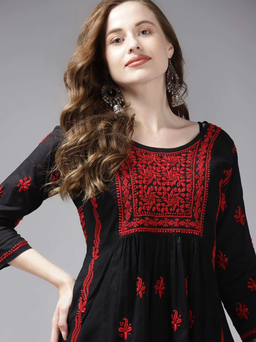 

ADA Black & Red Ethnic Motifs Embroidered Chikankari Kurti