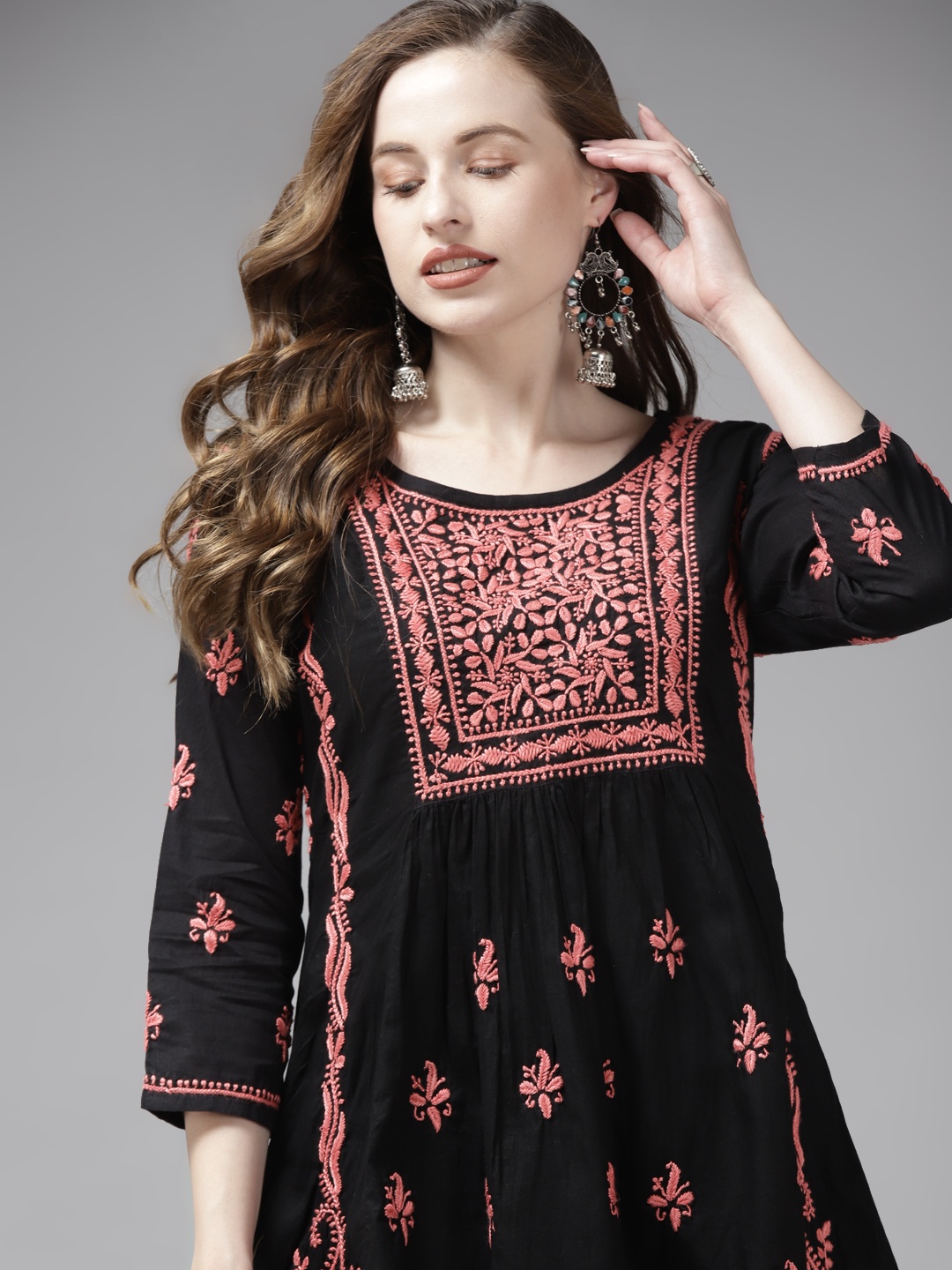 

ADA Black & Peach-Coloured Ethnic Motifs Embroidered Chikankari Kurti