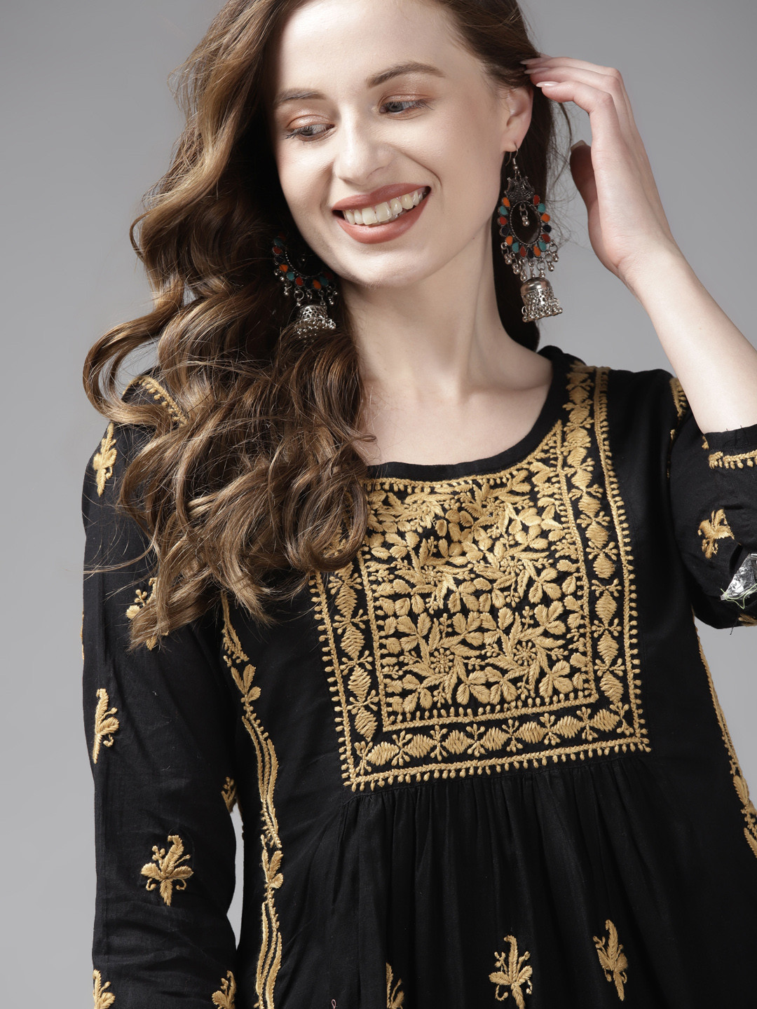 

ADA Black & Beige Ethnic Motifs Embroidered Chikankari Handloom Kurti
