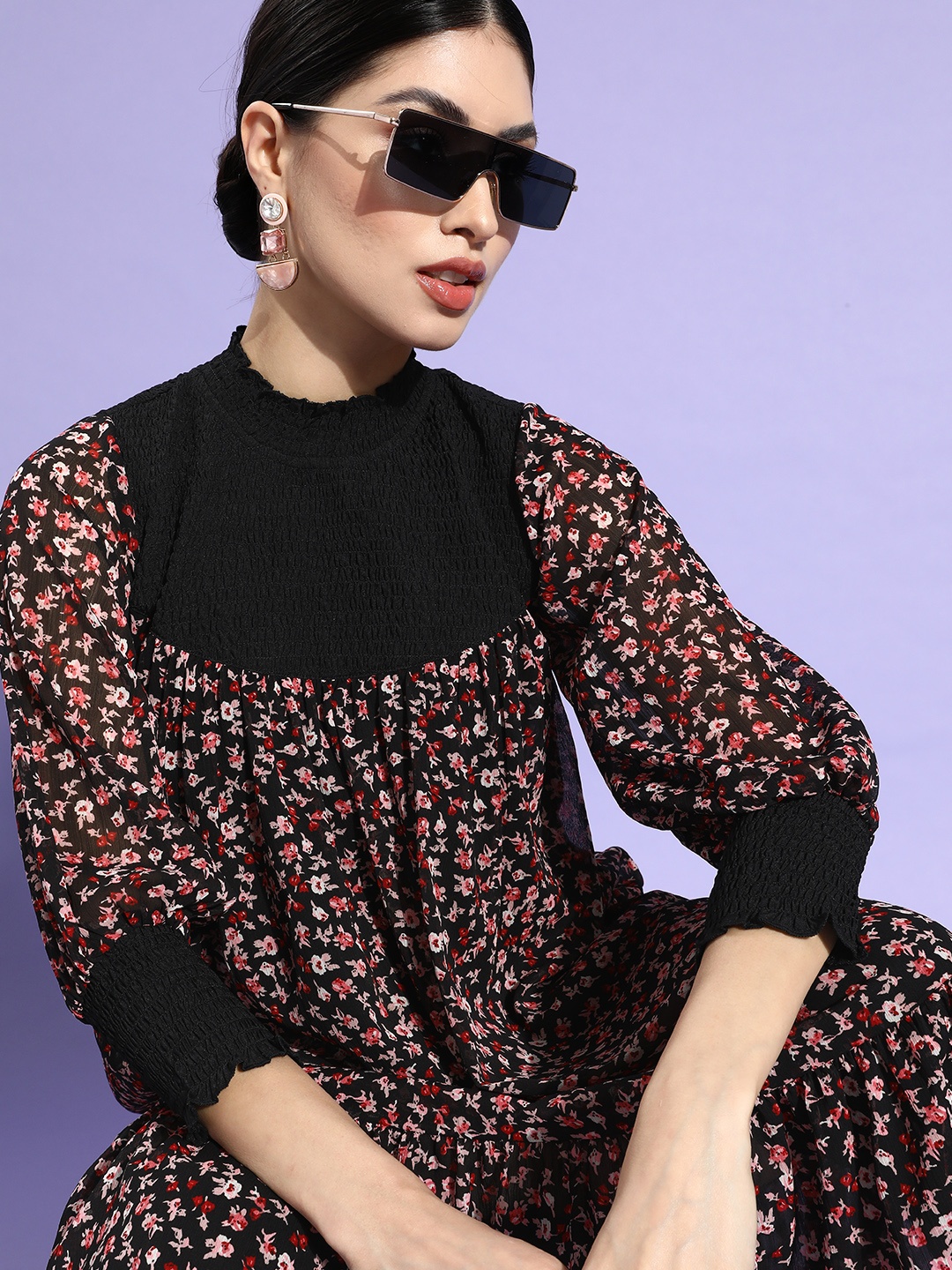 

Antheaa Women Black Floral Waisted Dress