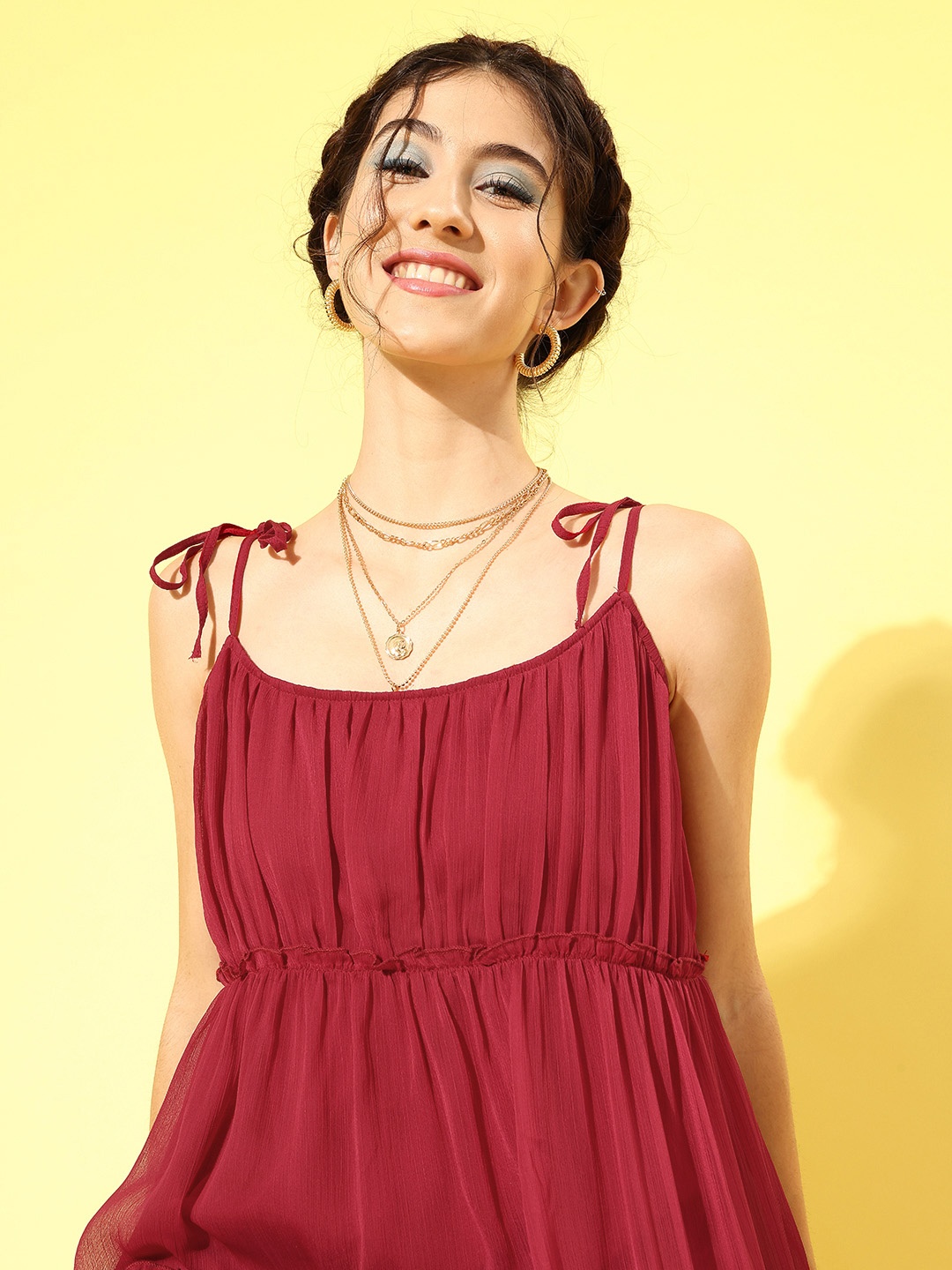 

Antheaa Women Charming Maroon Solid Tiered Dress