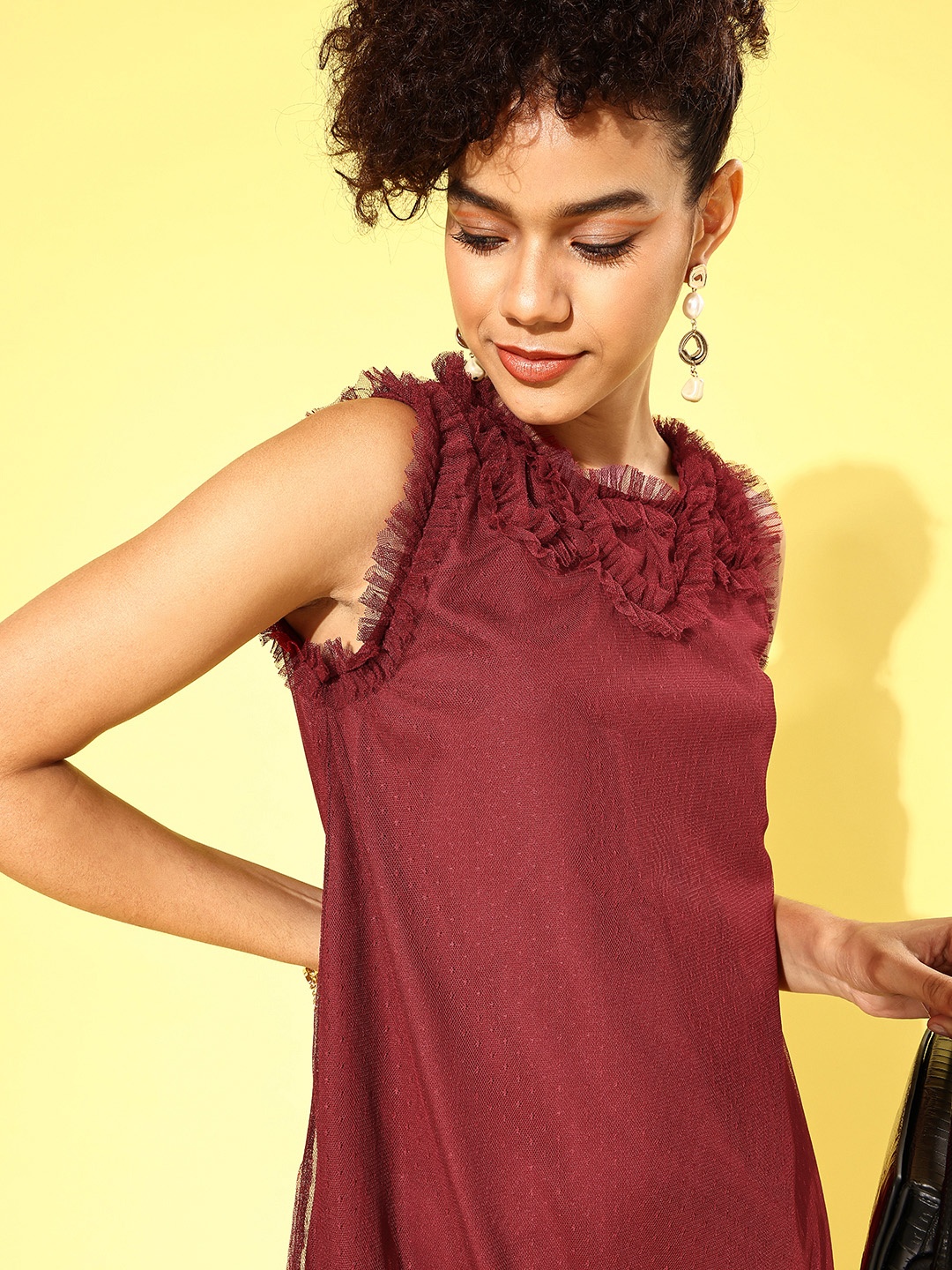 

Antheaa Women Maroon Solid Net Dress