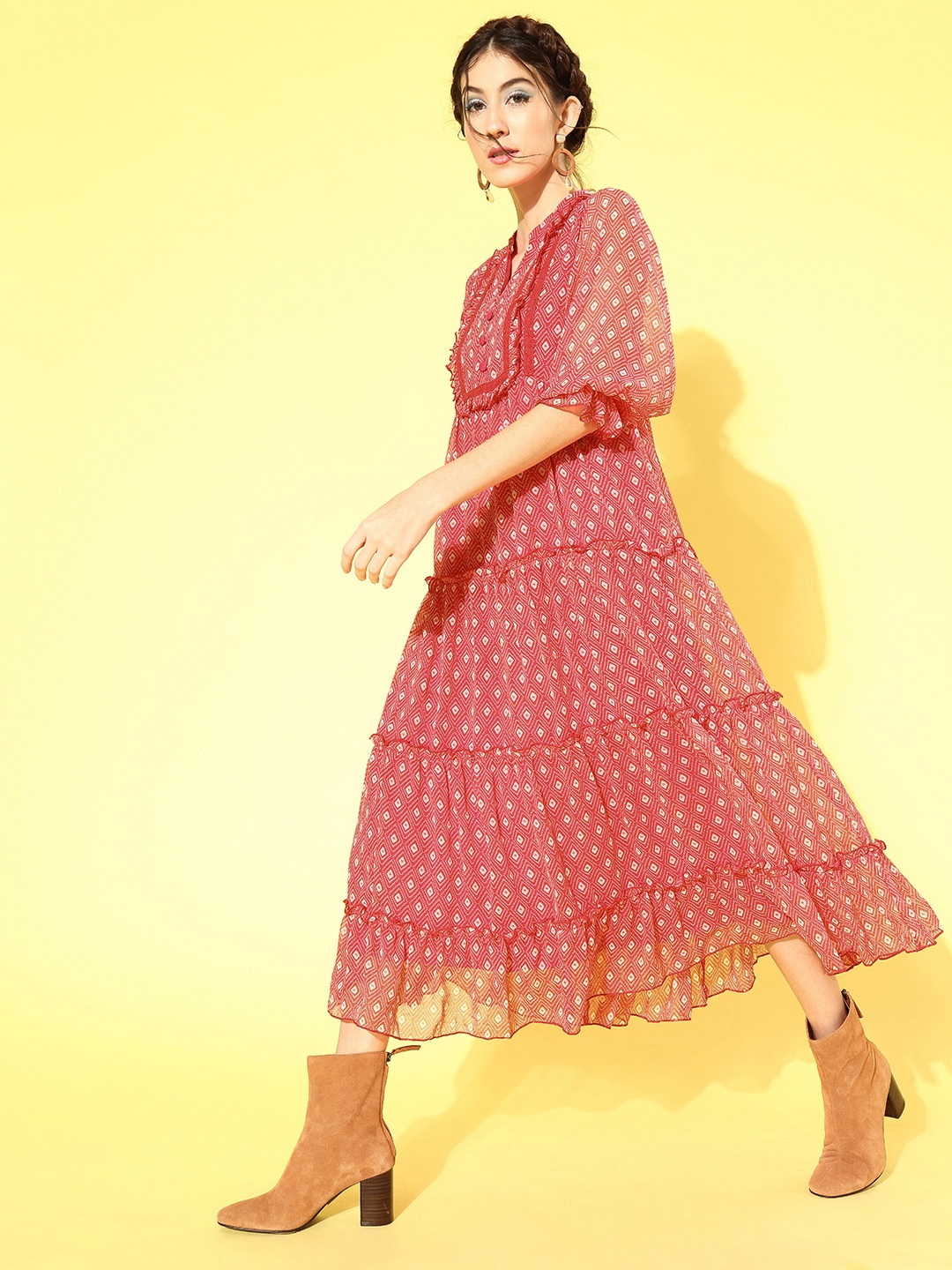 

Antheaa Women Fuchsia Conversational Tiered Dress