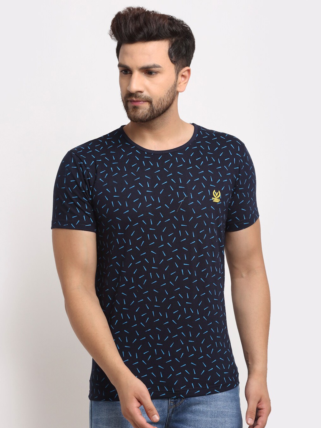 

VIMAL JONNEY Men Navy Blue Geometric Printed Cotton T-shirt