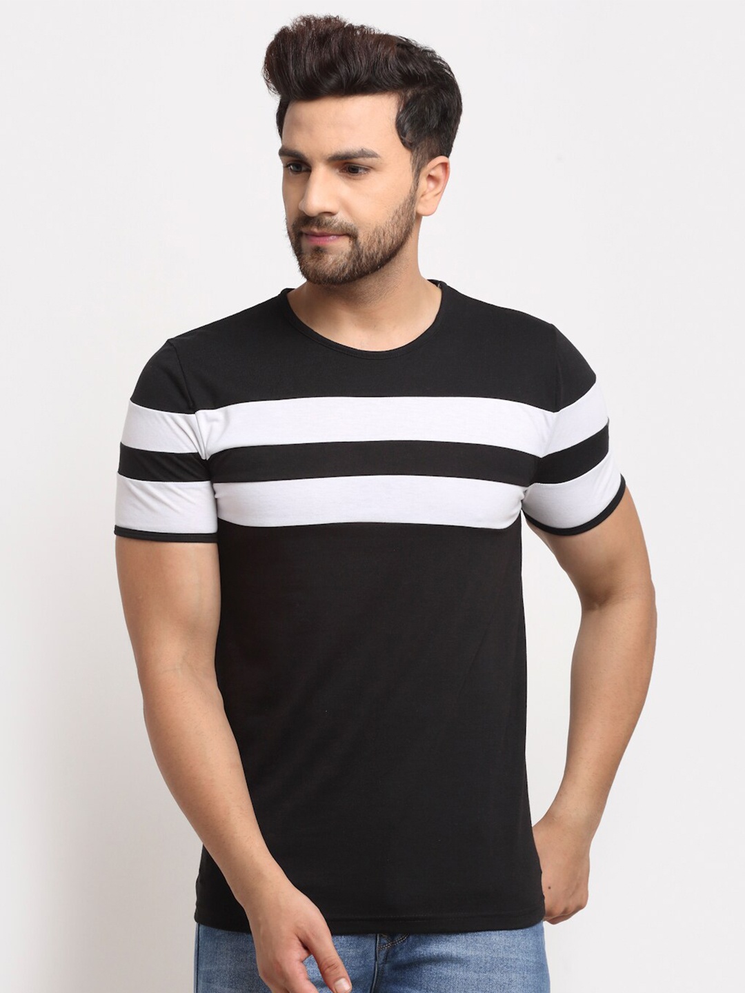 

VIMAL JONNEY Men Black & White Striped Cotton T-shirt