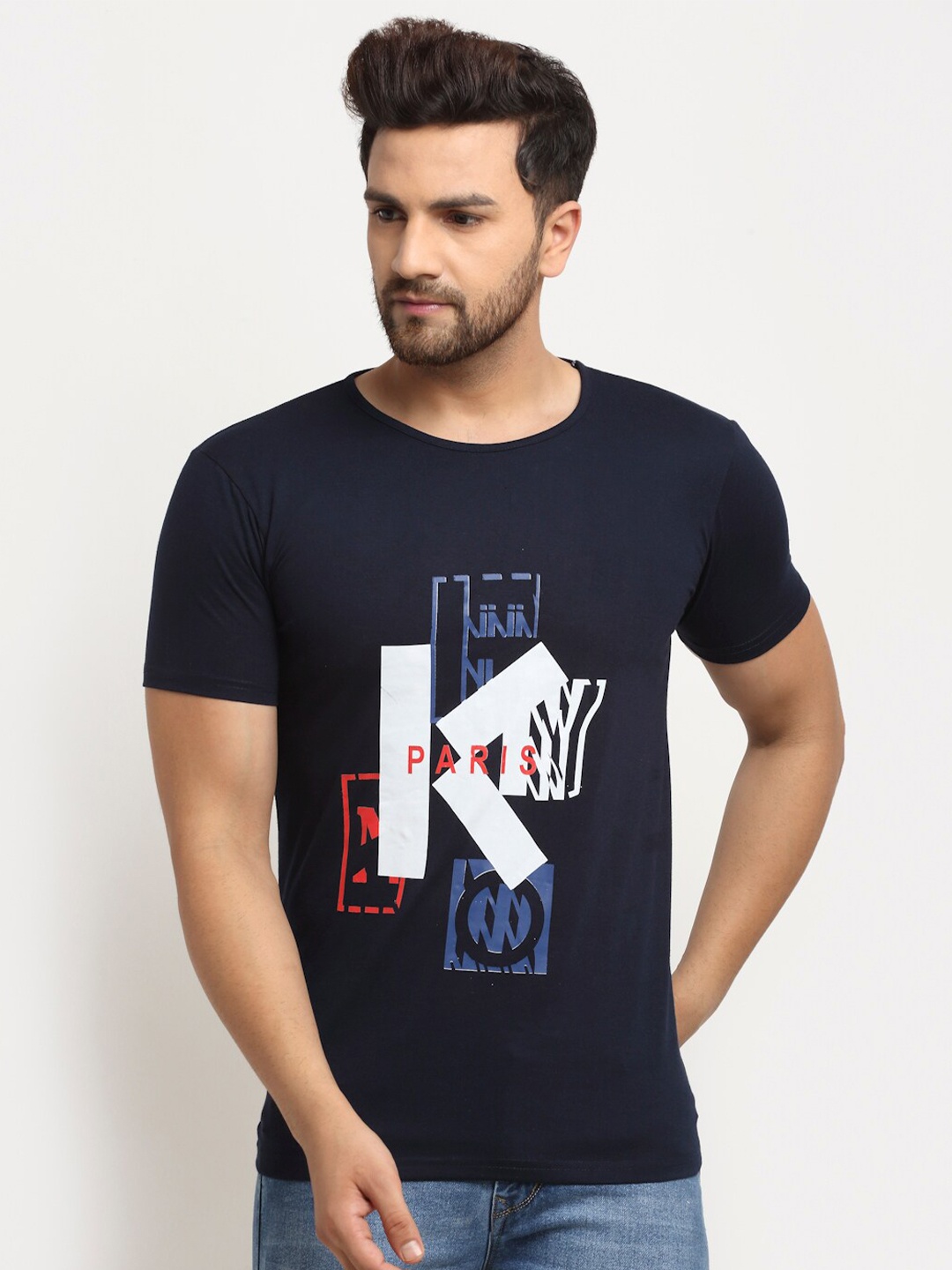 MACK JONNEY Men Navy Blue Graphic Printed Cotton T-shirt