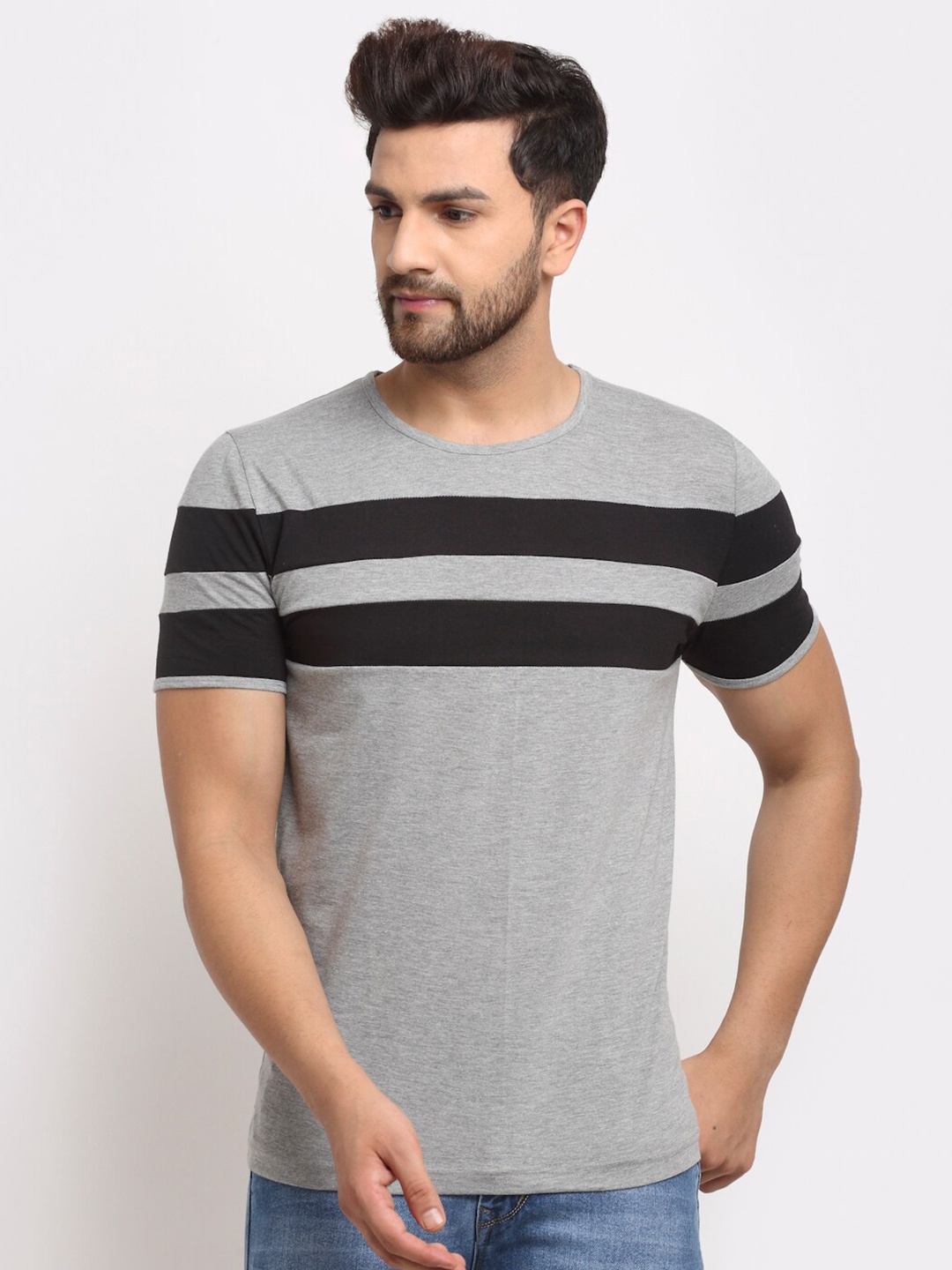 

VIMAL JONNEY Men Grey & Black Striped Cotton T-shirt