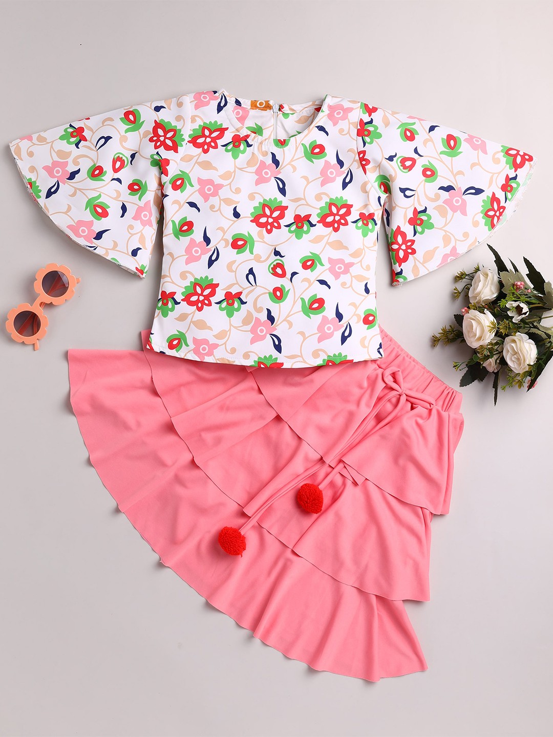 

Toonyport Girls White & Red Printed Top with Skirt