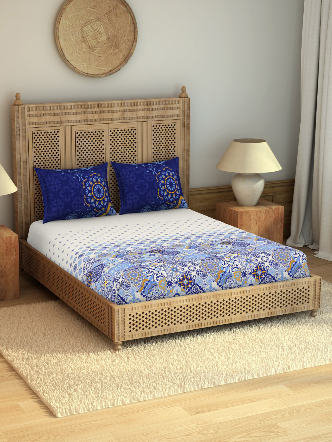 

SPACES White & Blue Ethnic Motifs Pure Cotton 210 TC King Bedsheet with 2 Pillow Covers