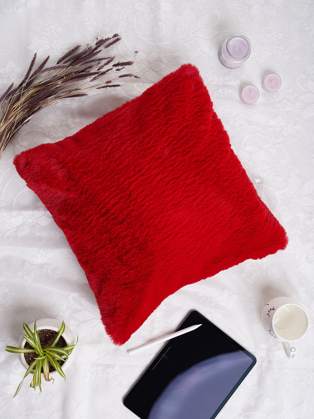 

Folkstorys Red Solid Faux Fur Square Cushion Cover