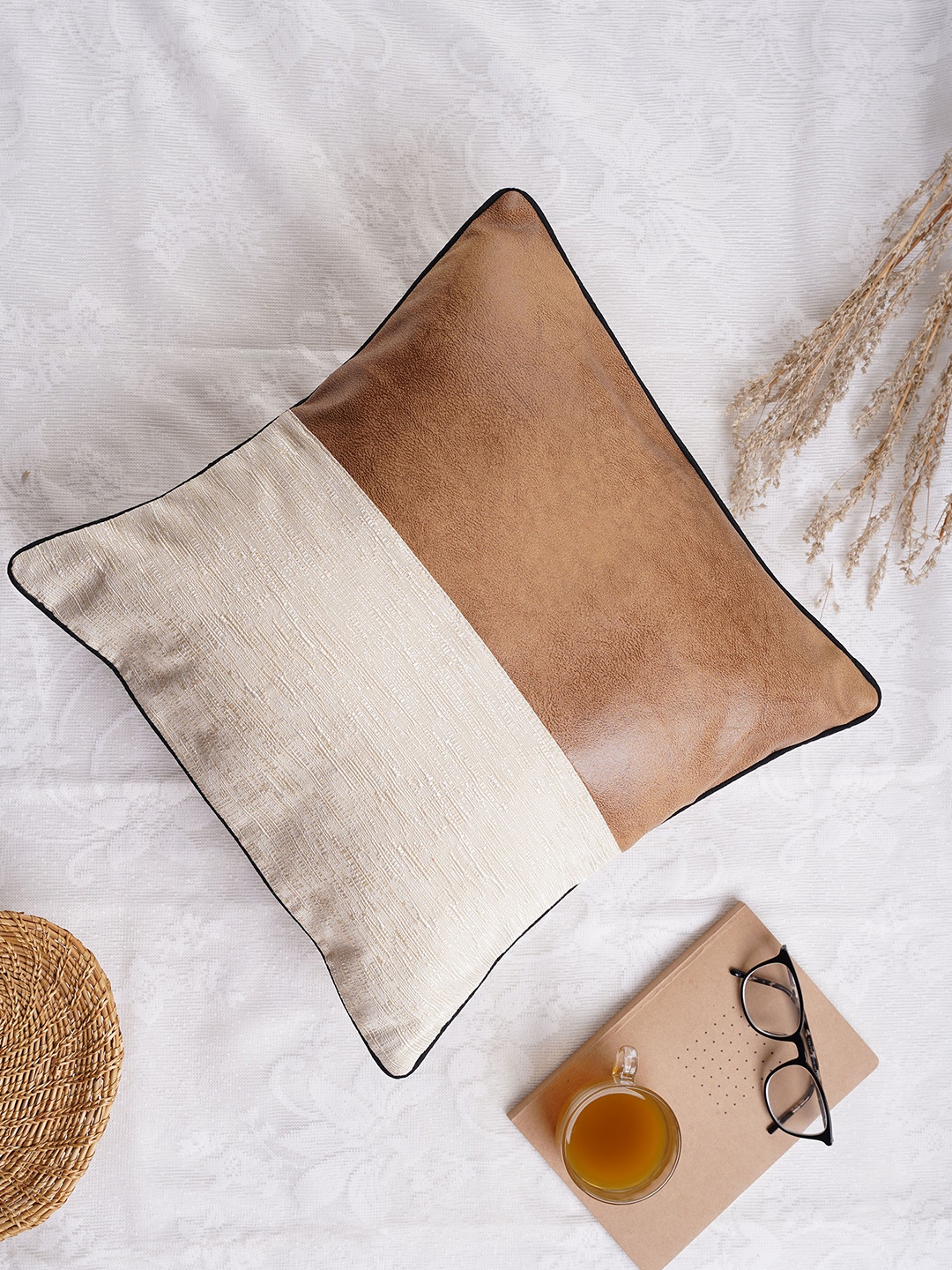 

Folkstorys Brown & Off White Colourblocked Leather Square Cushion Cover