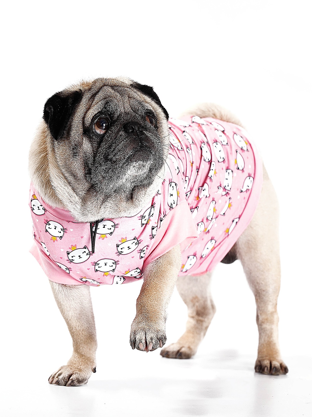 

Dchica Paws Pink & White Cat Printed Cotton Dog T-shirt