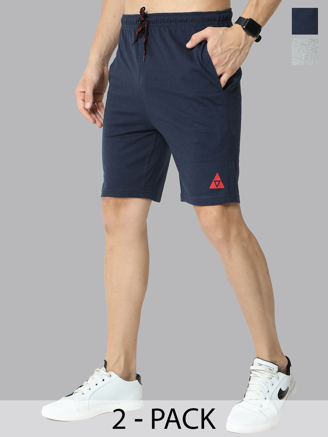 

ARDEUR Men Pack of 2 Grey Melange & Navy Blue Sports Shorts