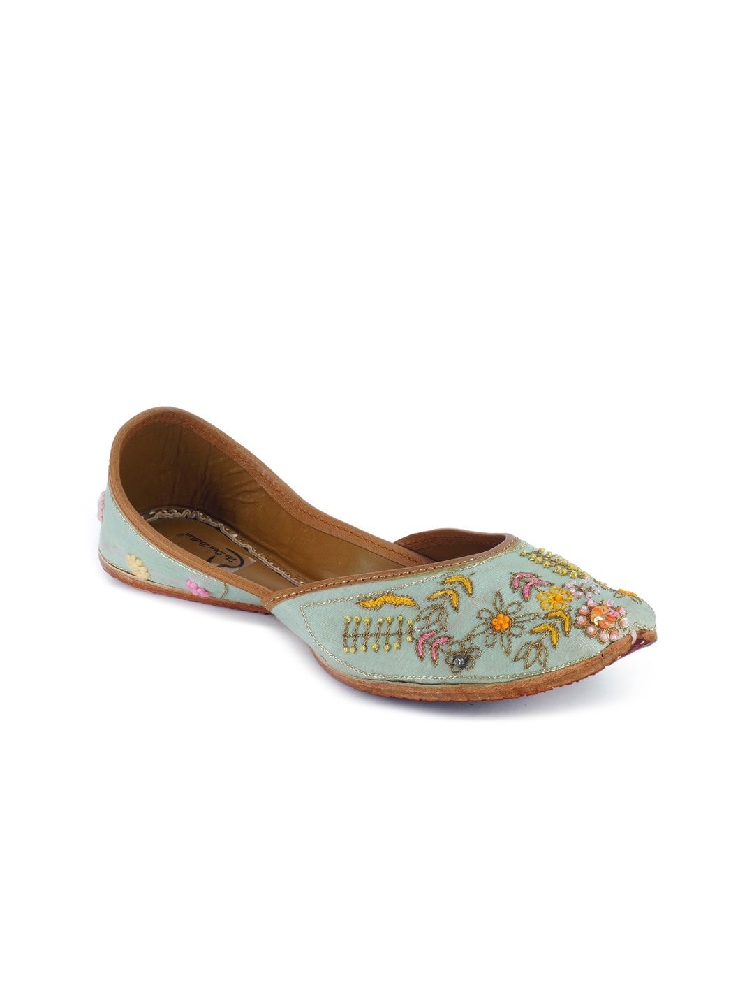 

The Desi Dulhan Women Green Printed Leather Ethnic Mojaris with Embroidered Flats