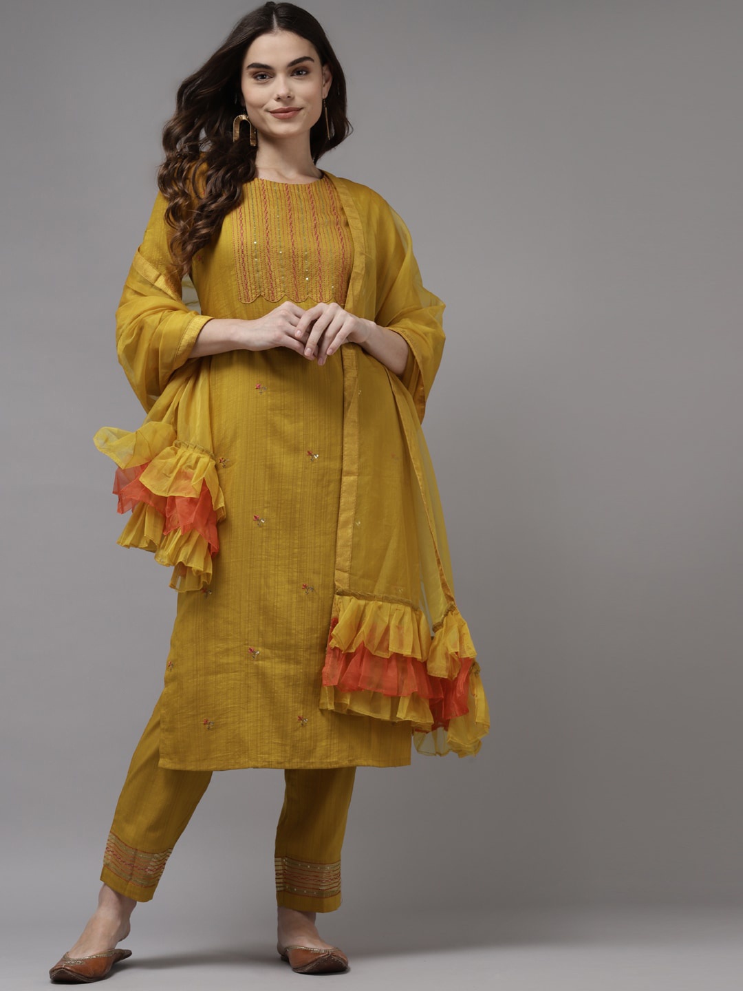 

Indo Era Women Yellow Embroidered Regular Kurta with Trousers & With Dupatta