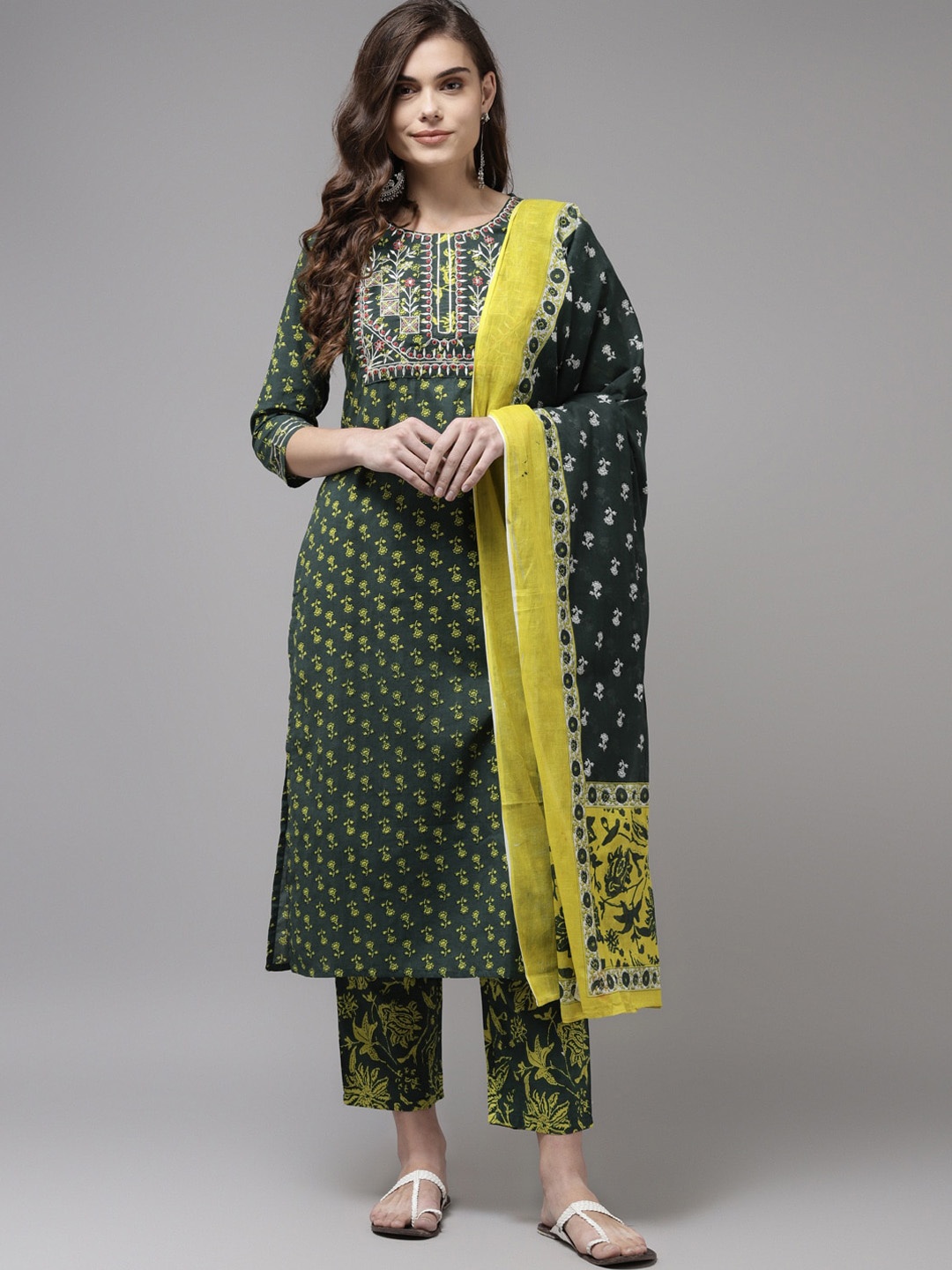 

Indo Era Women Green Ethnic Motifs Printed Panelled Kurta with Trousers & With Dupatta