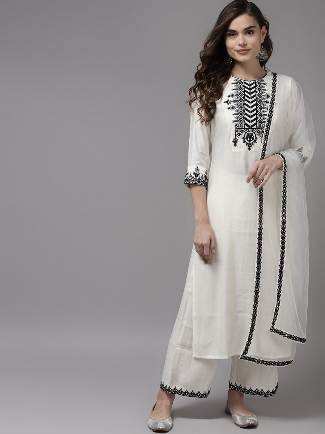 

Indo Era Women White Yoke Design Regular Kurta with Palazzos & With Dupatta