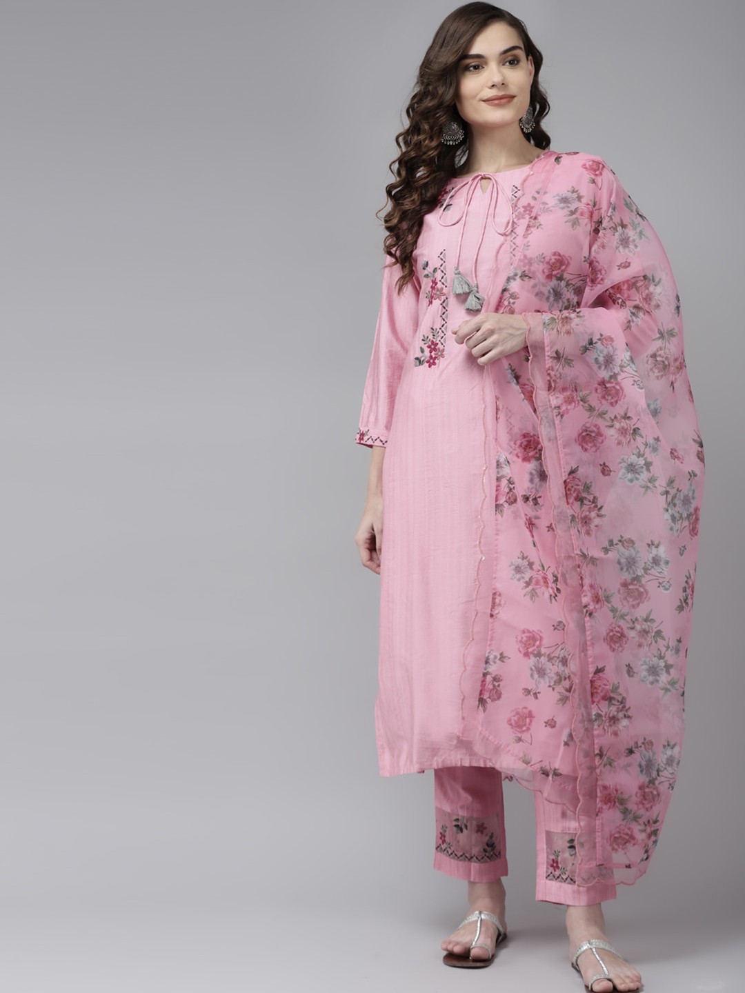 

Indo Era Women Pink Embroidered Regular Kurta with Trousers & With Dupatta