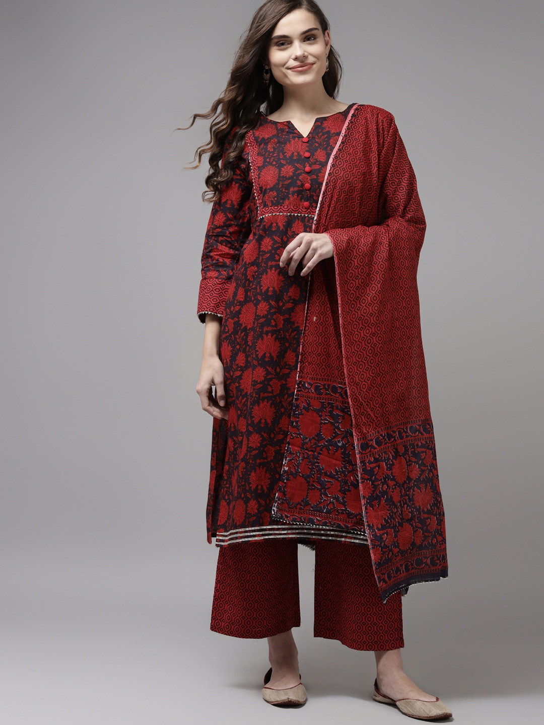 

Indo Era Women Red Floral Printed Regular Kurta with Trousers & With Dupatta