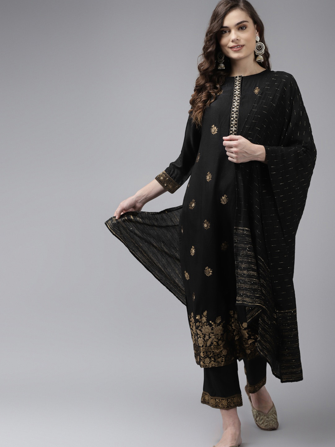 

Indo Era Women Black Floral Thread Work Liva Kurta with Palazzos & With Dupatta