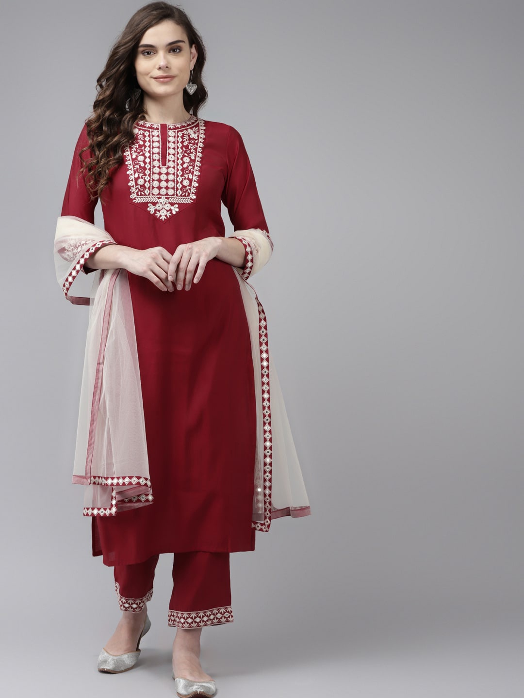 

Indo Era Women Maroon Floral Yoke Design Regular Kurta with Trousers & With Dupatta