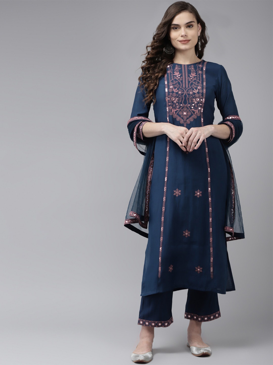 

Indo Era Women Navy Blue Floral Printed Regular Kurta with Palazzos & With Dupatta