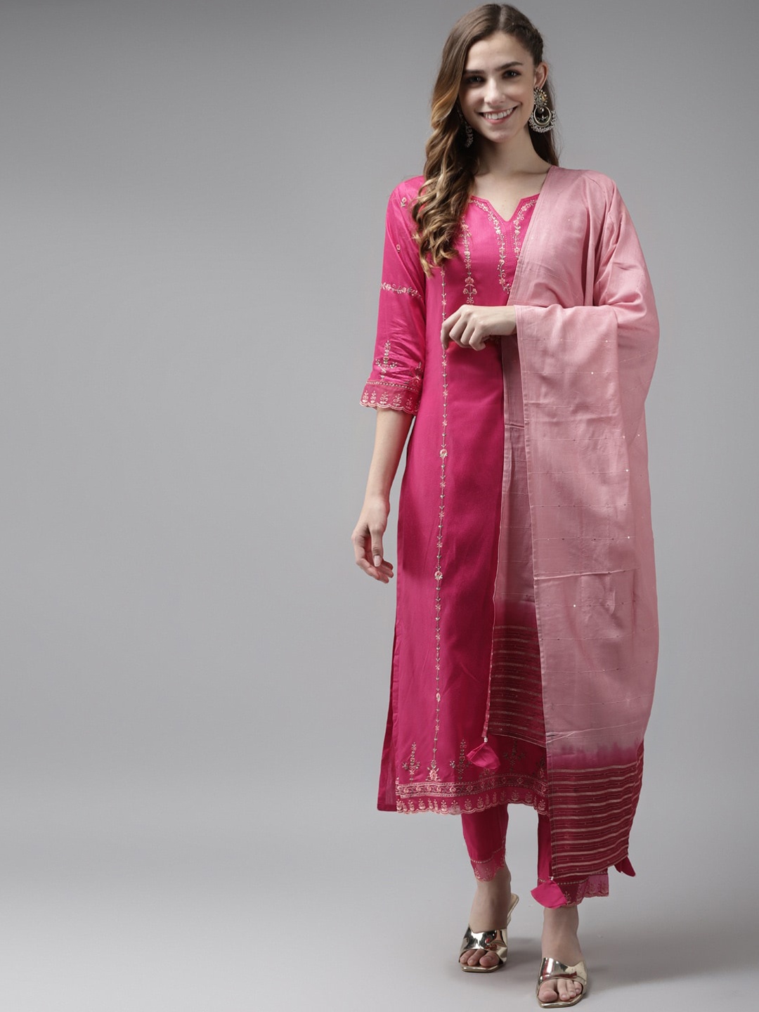 

Indo Era Women Pink Floral Embroidered Kurta with Palazzos & With Dupatta