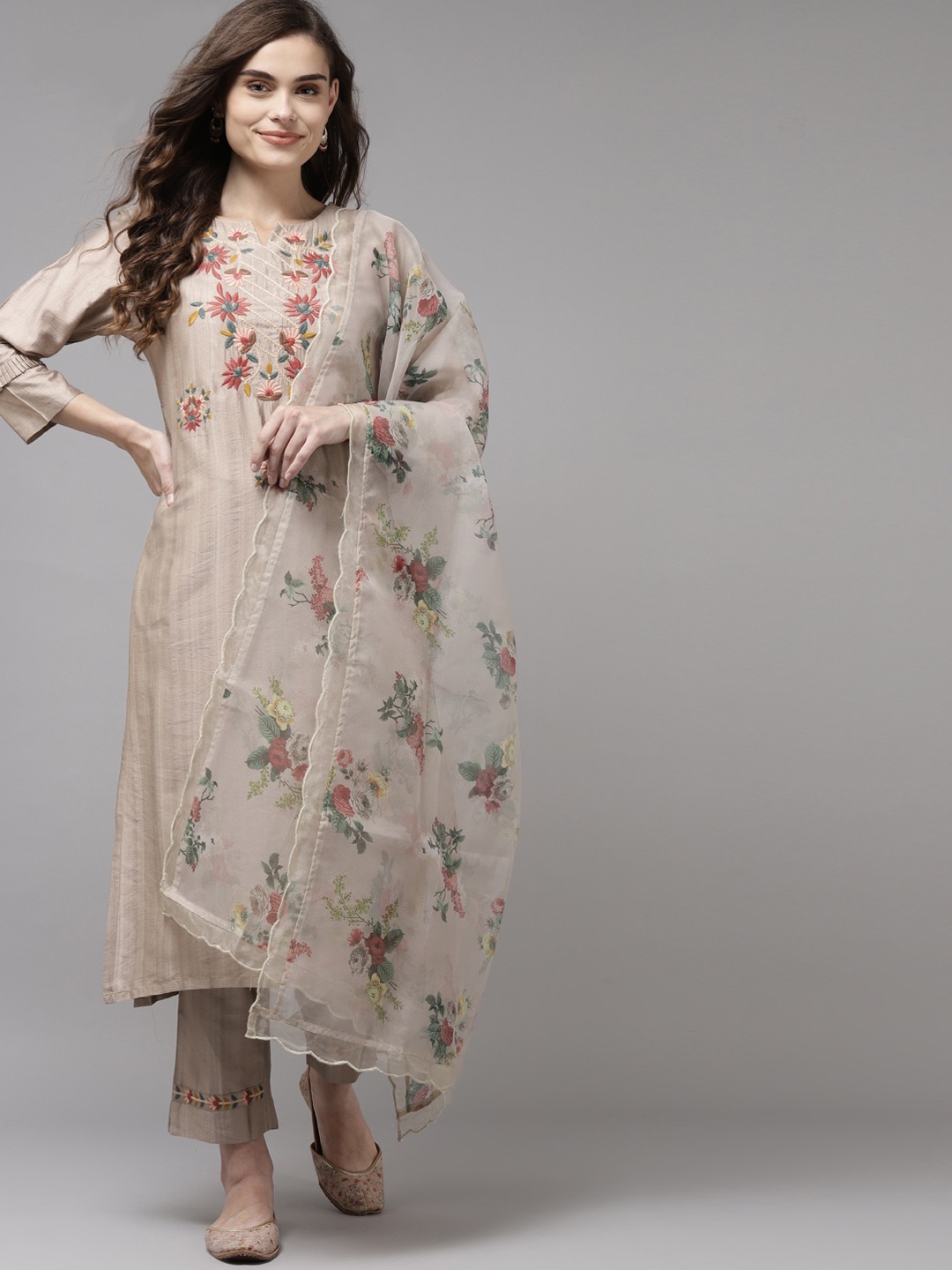 

Indo Era Women Beige Floral Embroidered Regular Kurta with Trousers & With Dupatta