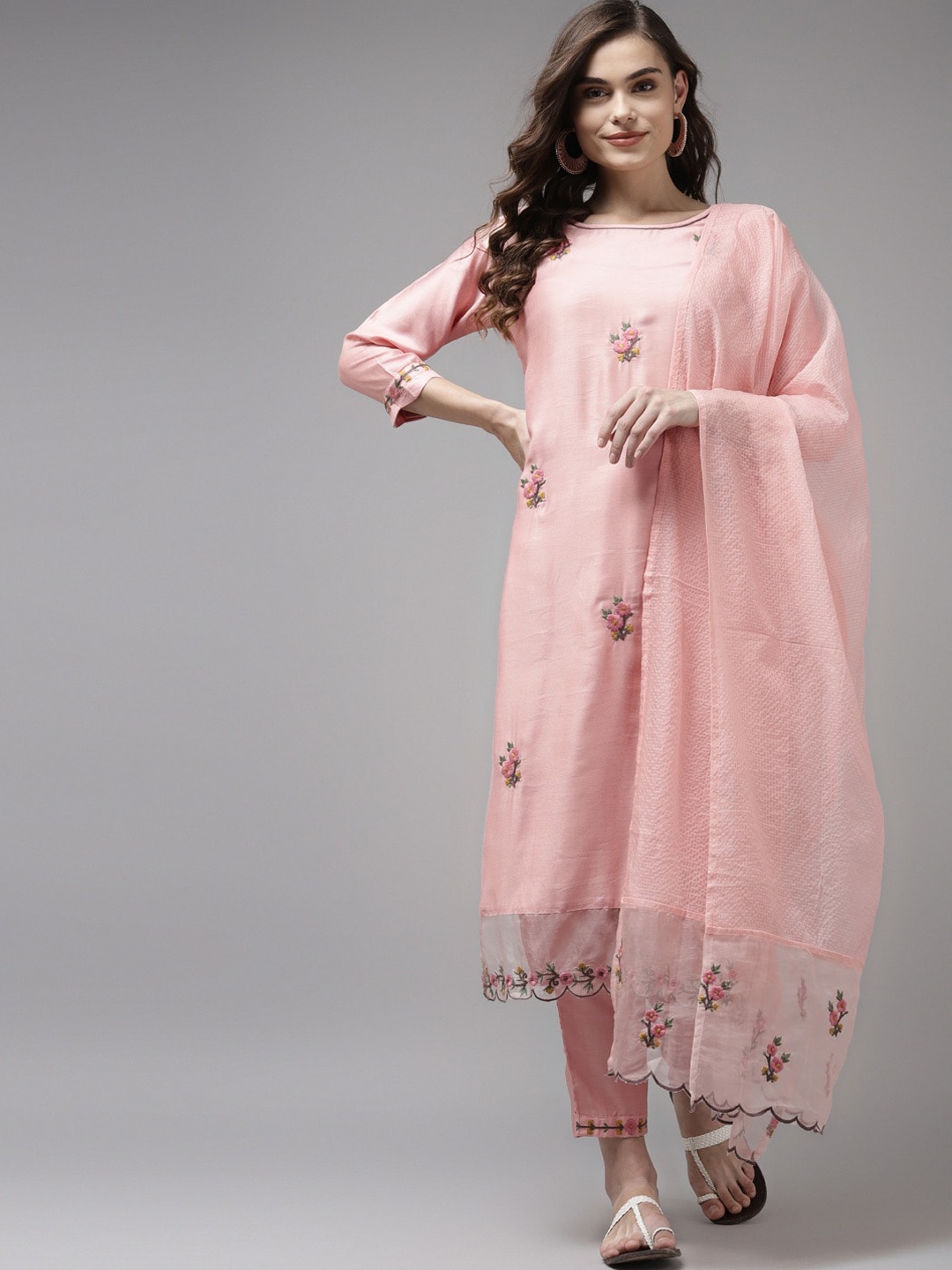 

Indo Era Women Pink Floral Embroidered Kurta with Palazzos & With Dupatta