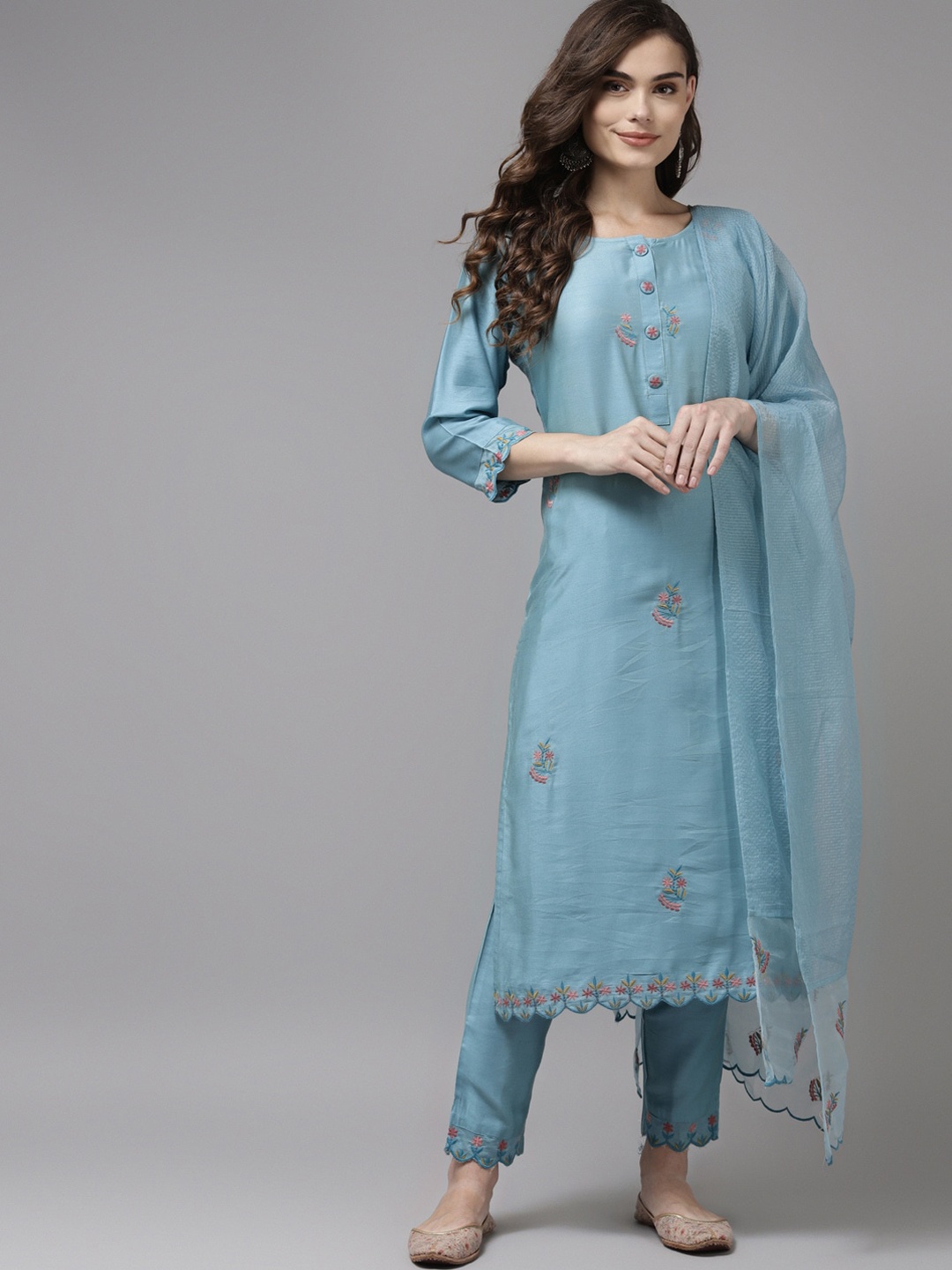 

Indo Era Women Blue Ethnic Motifs Embroidered Regular Kurta with Trousers & With Dupatta