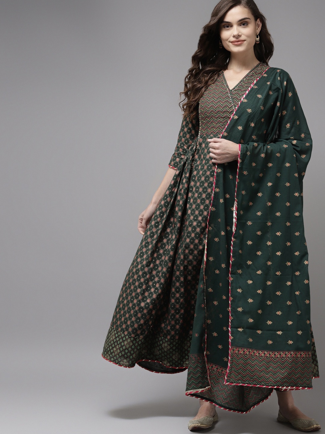 

Indo Era Women Green Ethnic Motifs Printed Angrakha Kurta with Trousers & With Dupatta