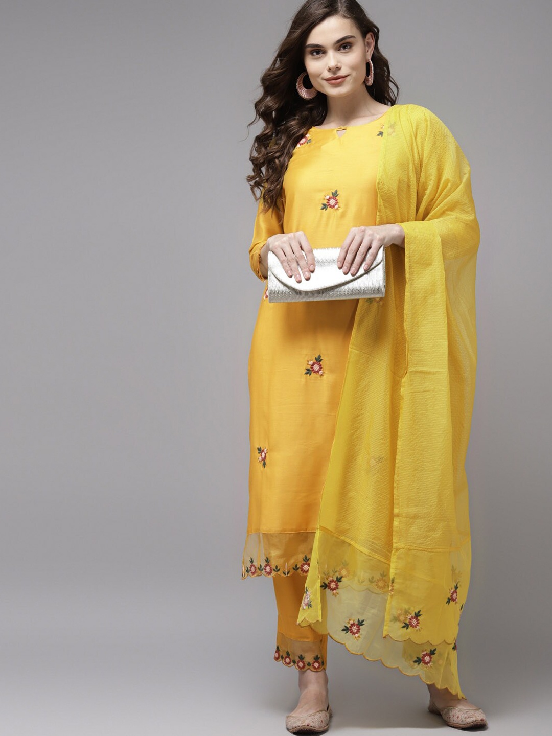 

Indo Era Women Yellow Ethnic Motifs Embroidered Regular Kurta with Palazzos & Dupatta