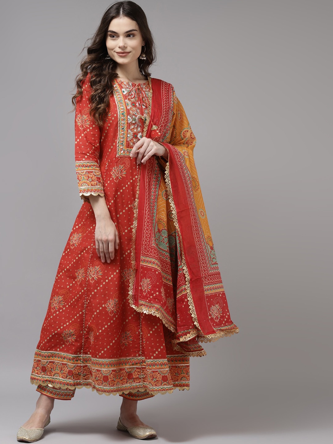 

Indo Era Women Red Ethnic Motifs Embroidered Regular Kurta with Trousers & Dupatta