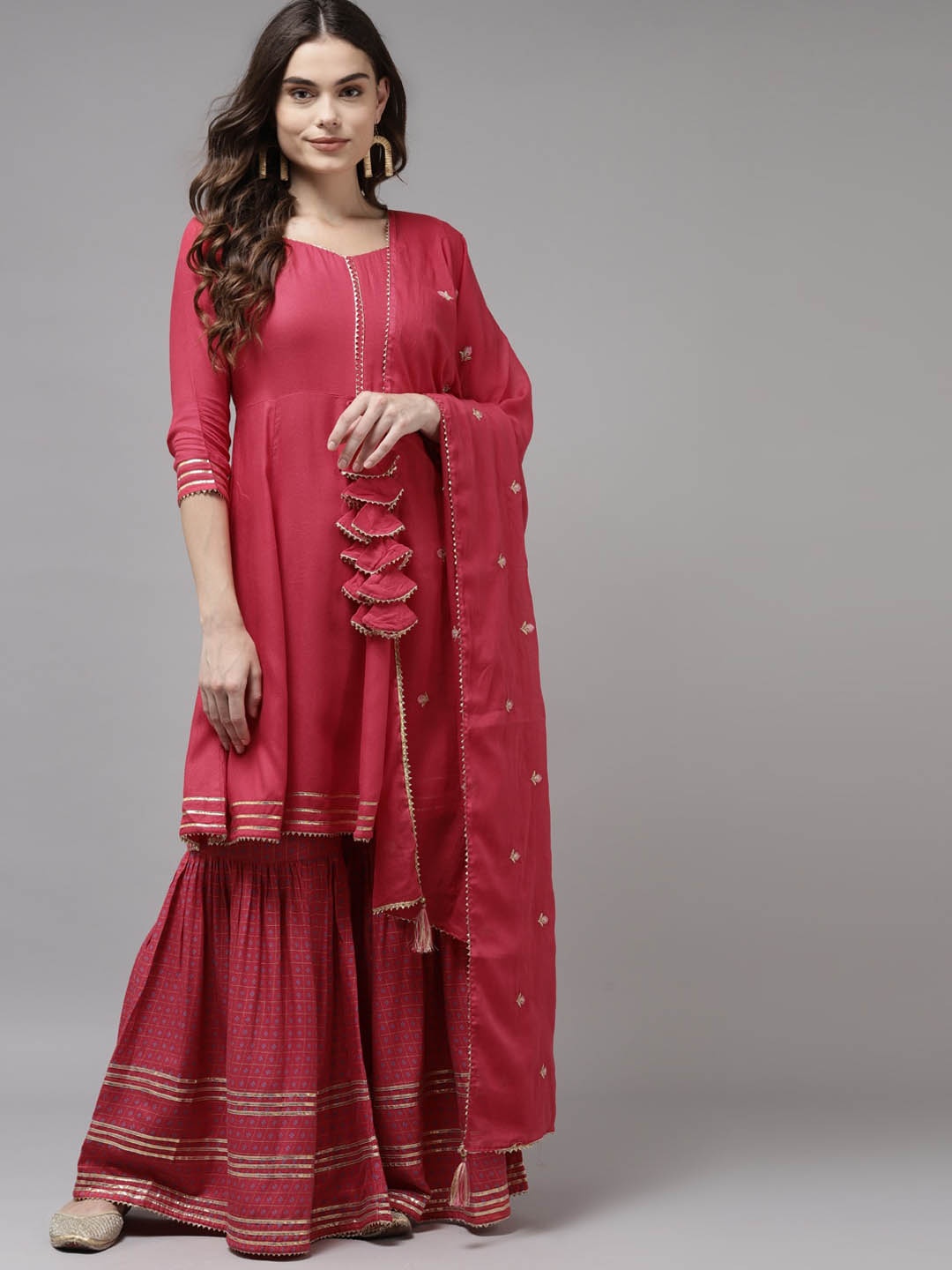 

Indo Era Women Red Angrakha Kurta with Sharara & Dupatta