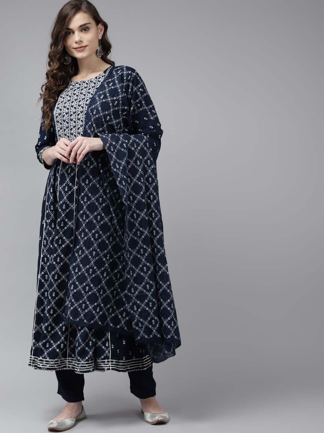 

Indo Era Women Navy Blue Printed Regular Kurta with Trousers & Dupatta