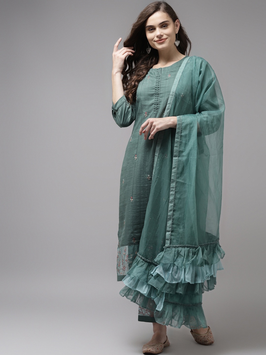 

Indo Era Women Green Ethnic Motifs Embroidered Regular Kurta with Trousers & Dupatta