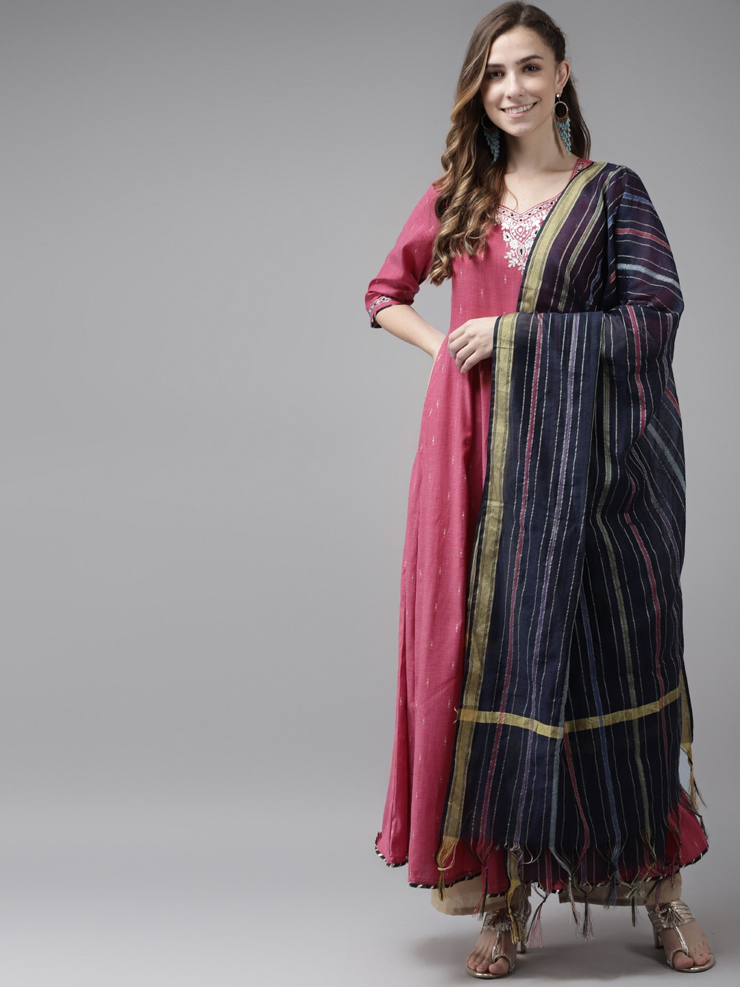 

Indo Era Women Pink Ethnic Motifs Embroidered Regular Kurta with Trousers & Dupatta
