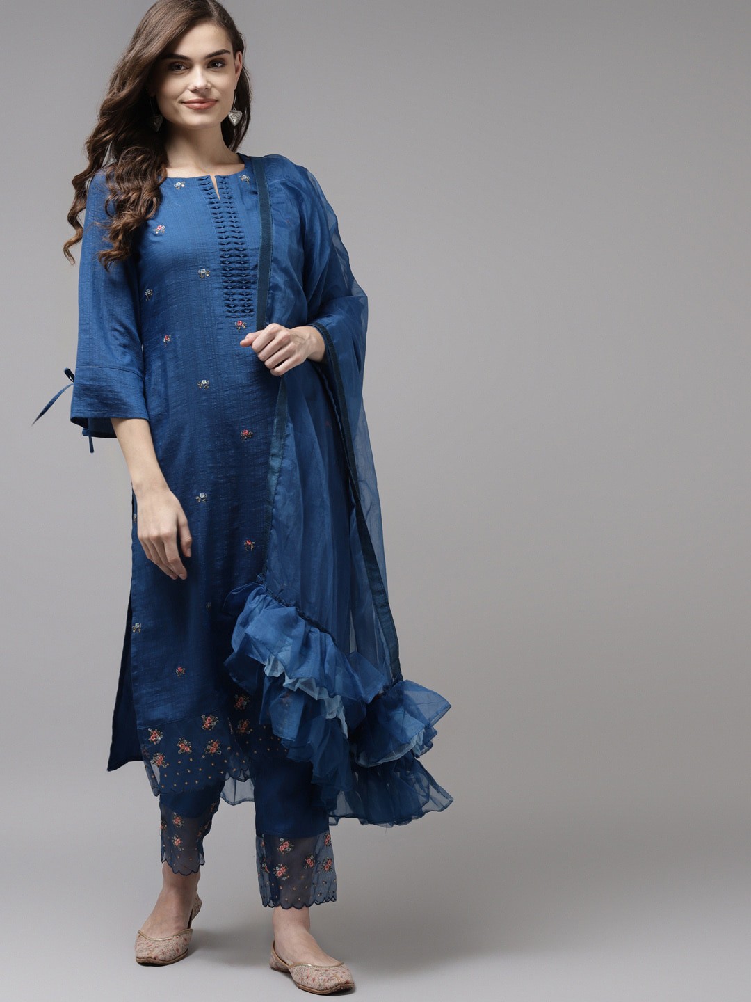 

Indo Era Women Blue Embroidered Regular Kurta with Trousers & Dupatta