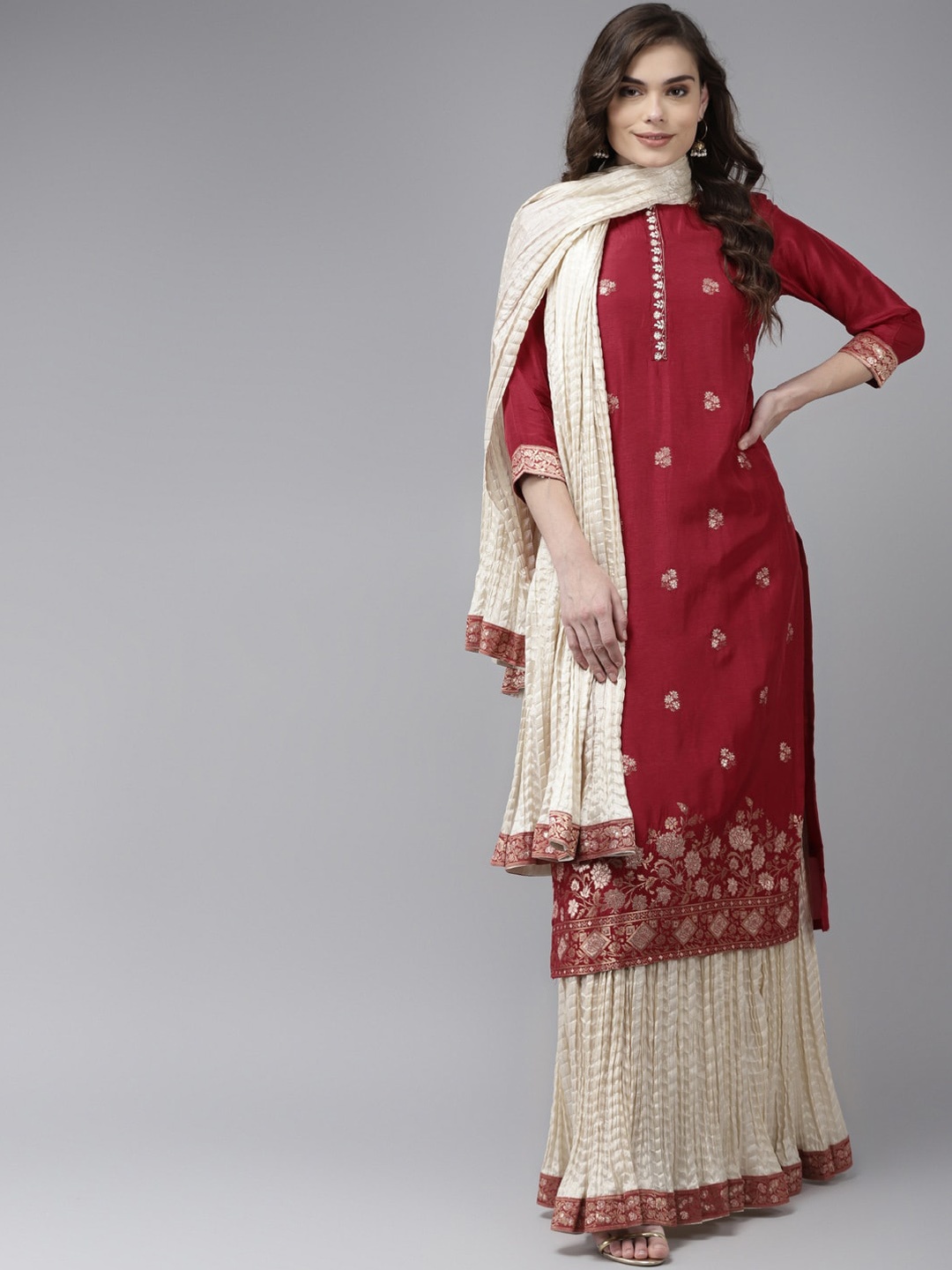 

Indo Era Women Red Ethnic Motifs Printed Regular Liva Kurta with Skirt & Dupatta