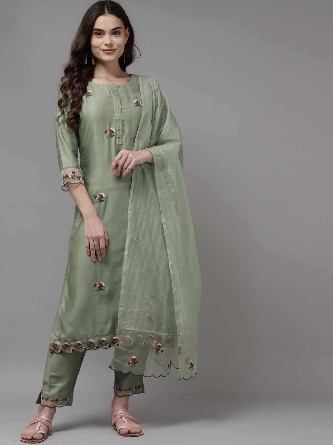 

Indo Era Women Green Embroidered Panelled Kurta with Trousers & Dupatta