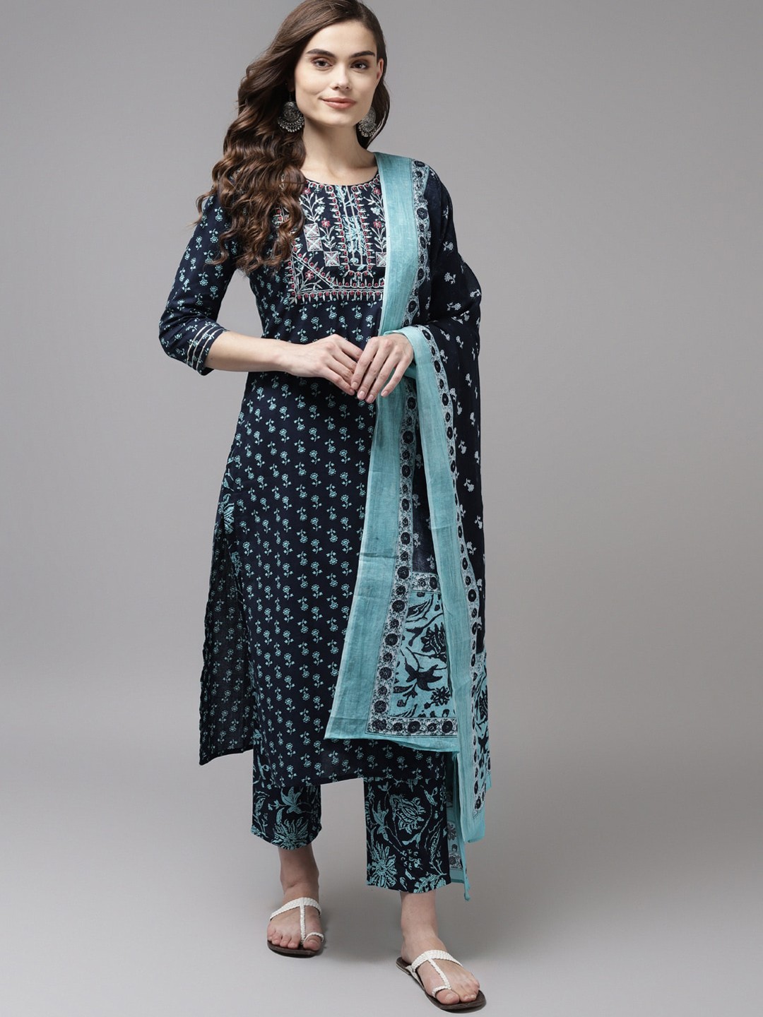 

Indo Era Women Navy Blue Ethnic Motifs Embroidered Regular Kurta with Trousers & Dupatta
